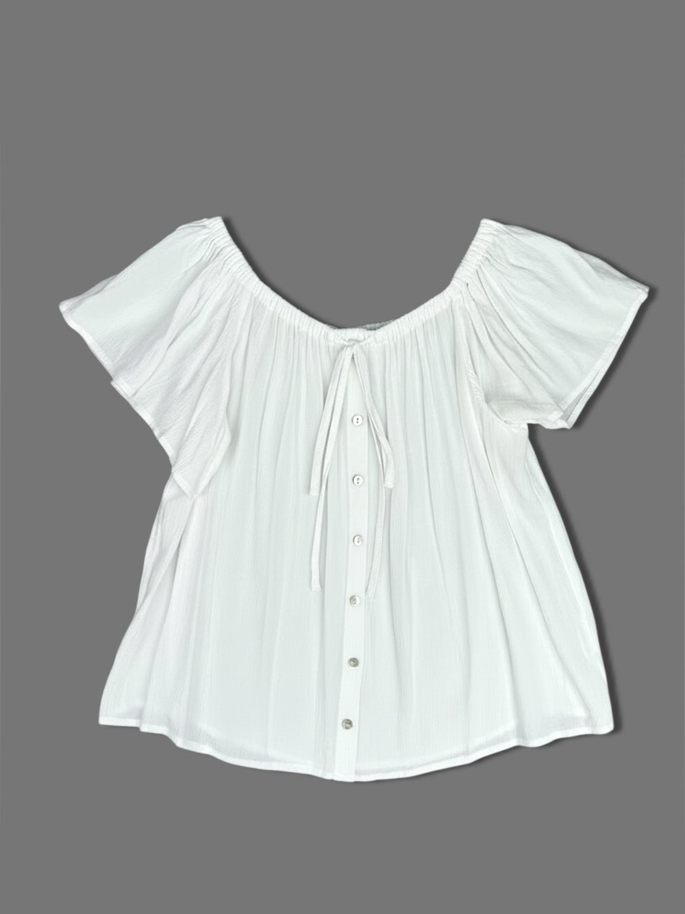 Express Off The‎ Shoulder Top White XS Button Front Flutter Sleeve Crinkled